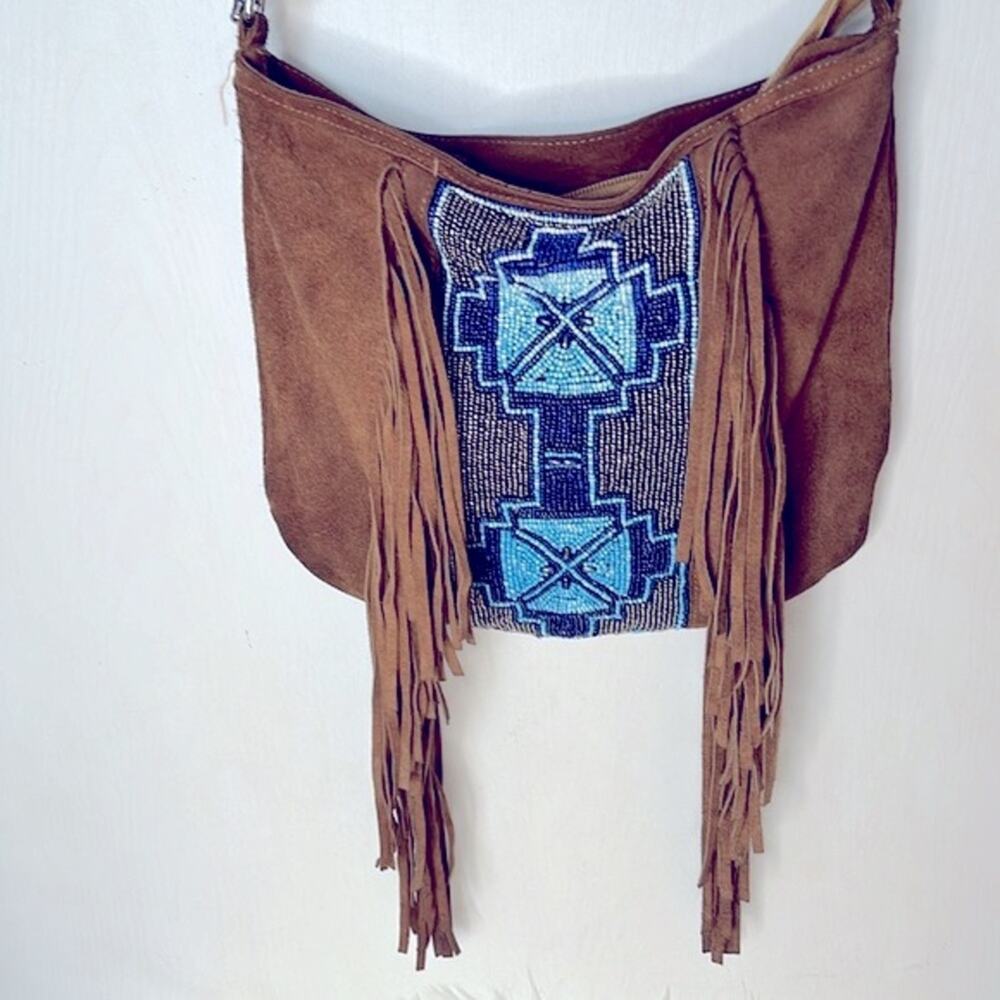 Ten79LA Fringe Crossbody Suede Purse with Beautiful Unique Beaded Detail